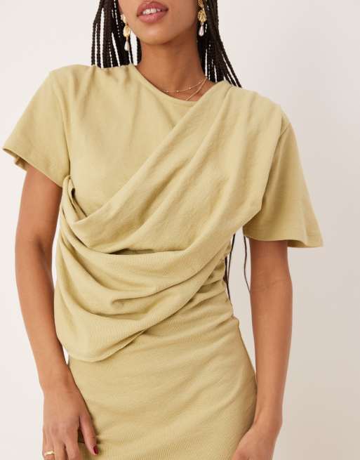 ASOS DESIGN textured short sleeve drape front mini dress in olive green |  ASOS