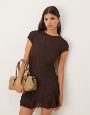 Asos Design Textured Short Sleeve Mini Swing Dress In Brown