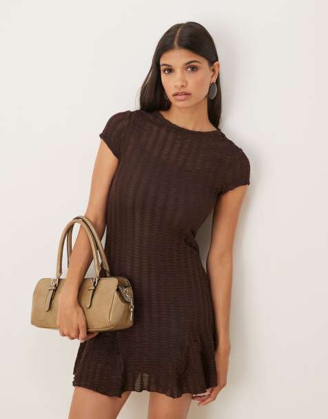 ASOS DESIGN textured short sleeve mini swing dress in chocolate - view 1