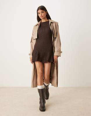 Asos Design Textured Short Sleeve Mini Swing Dress In Brown