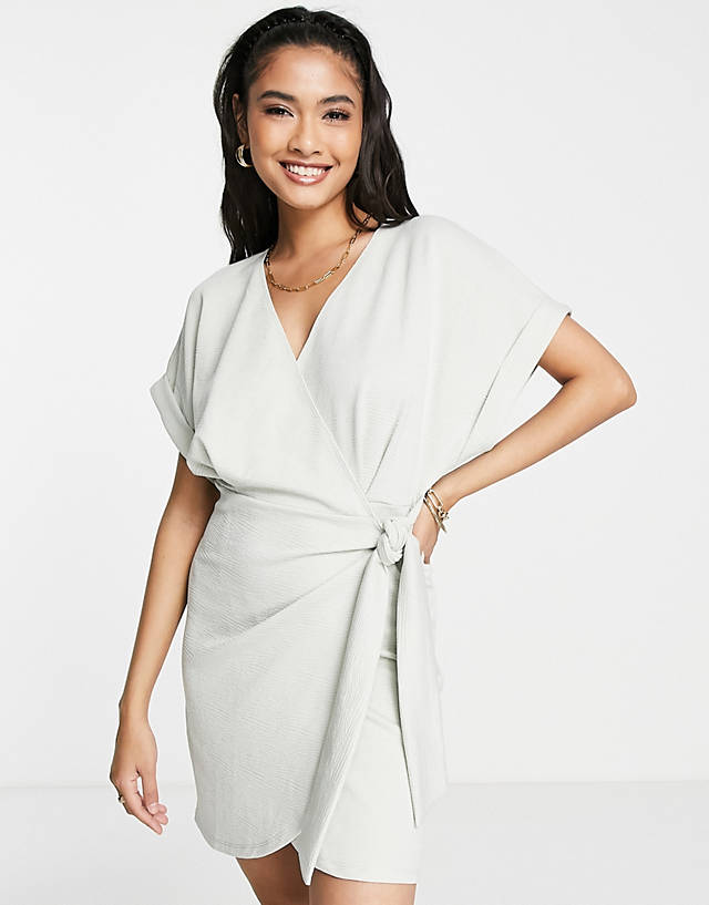 ASOS DESIGN textured short sleeve mini wrap dress in gray