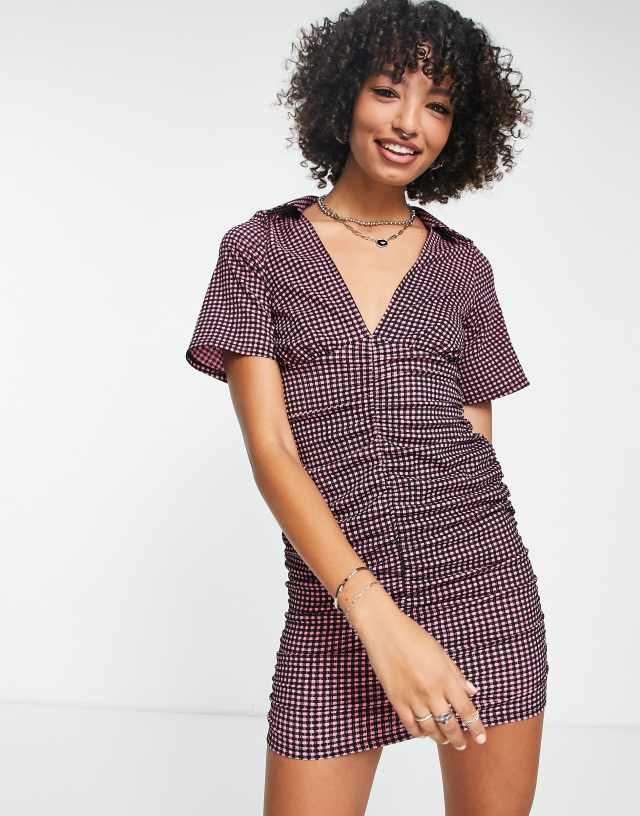 ASOS DESIGN textured short sleeve ruched mini dress in pink check