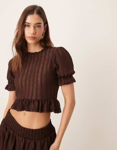 ASOS DESIGN textured short sleeve shirred top with ruffle detailing co-ord in brown - view 1