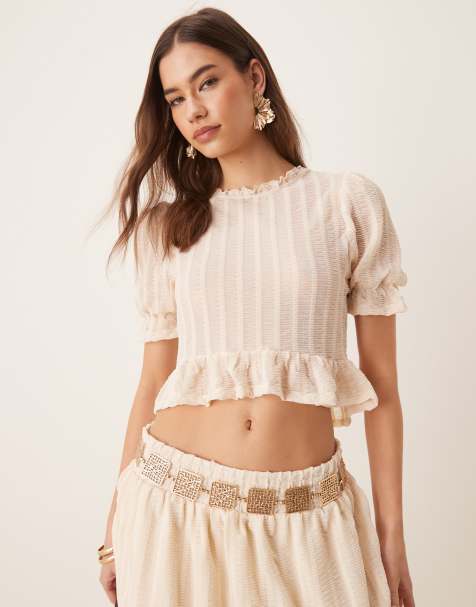 ASOS DESIGN textured short sleeve shirred top with ruffle detailing co-ord in cream - view 1
