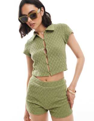 Asos Design Textured Short Sleeve Shirt In Olive - Part Of A Set-green