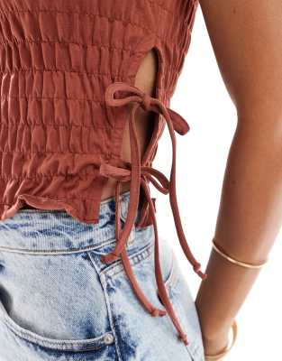 Asos Design Textured Short Sleeve Top With Tie Sides In Brown