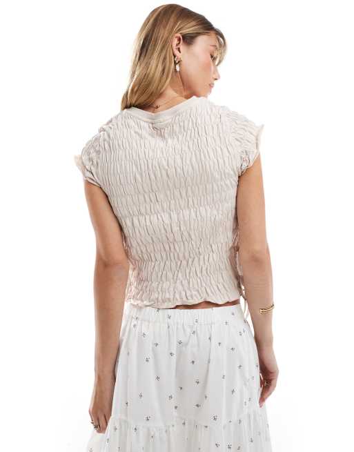 ASOS DESIGN textured short sleeve top with tie sides in stone