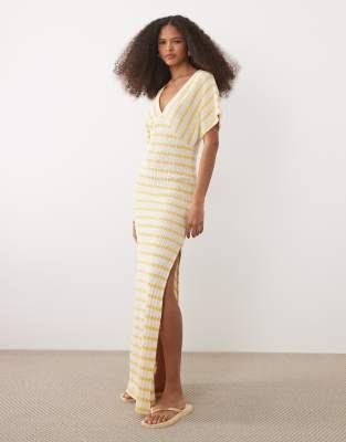 Asos Design Textured Short Sleeve V Neck Neck Maxi Dress With Side Slit In Multi
