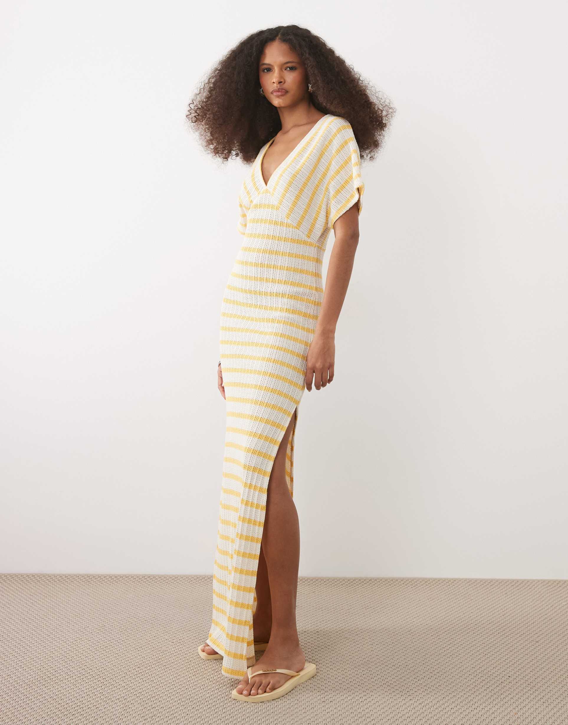 asos design textured short sleeve v neck neck maxi dress with side slit in yellow stripe