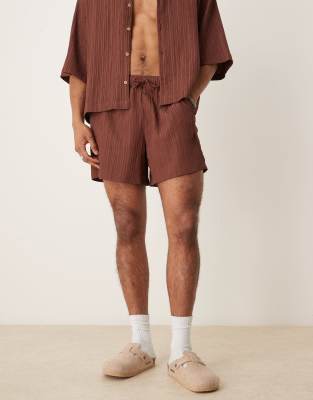 Asos Design Textured Shorts In Brown