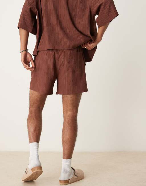ASOS DESIGN textured shorts in short length in brown (part of a set), 3 of 4