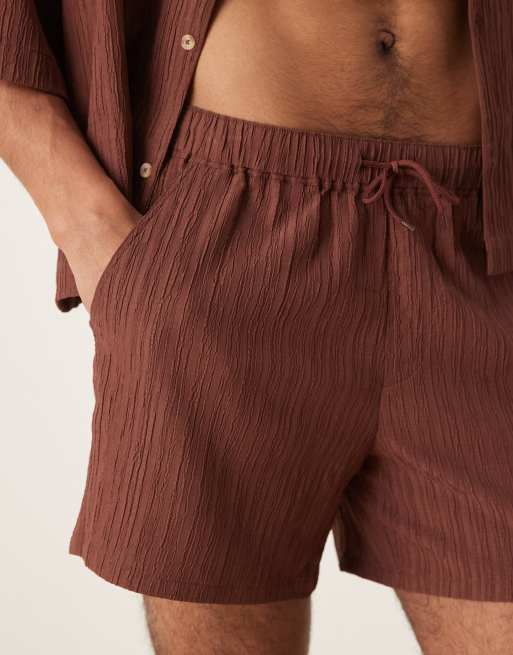 ASOS DESIGN textured shorts in short length in brown (part of a set), 4 of 4