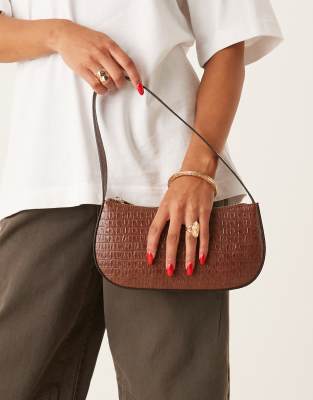 Asos Design Textured Shoulder Bag In Brown