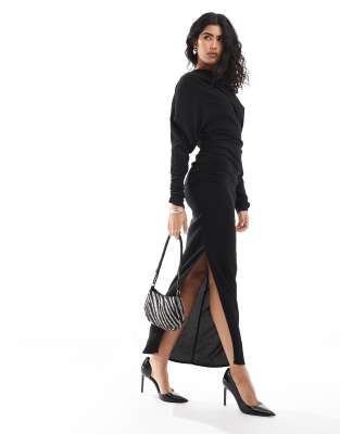 ASOS DESIGN ASOS DESIGN textured slash neck draped midi dress in black