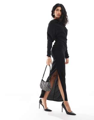 textured slash neck draped midi dress in black