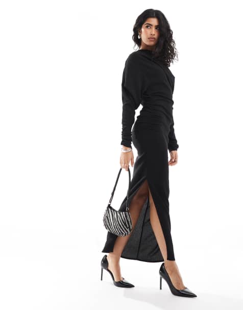 ASOS DESIGN textured slash neck draped midi dress in black - view 1