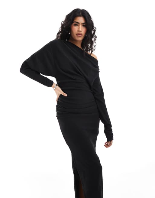 ASOS DESIGN textured slash neck draped midi dress in black
