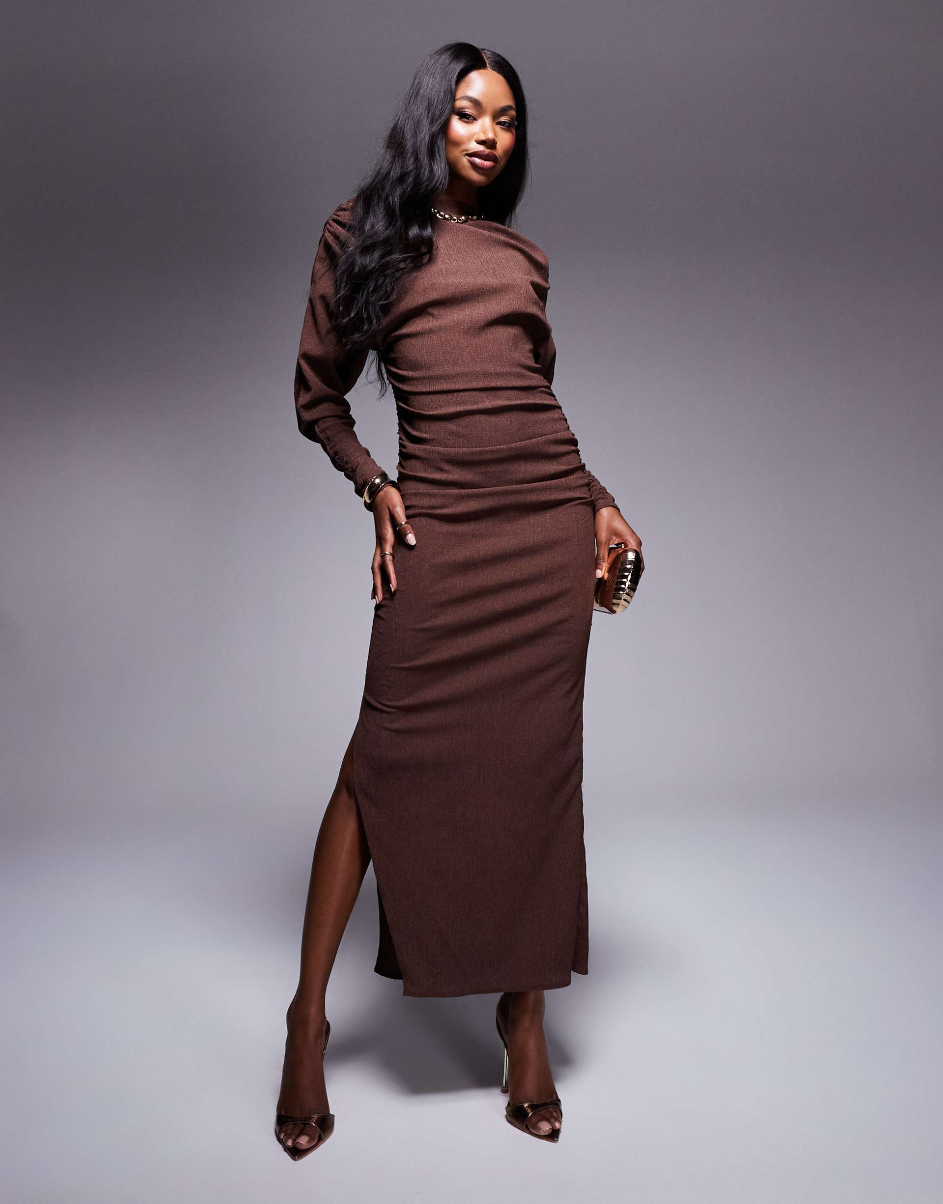 asos design textured slash neck draped midi dress in chocolate