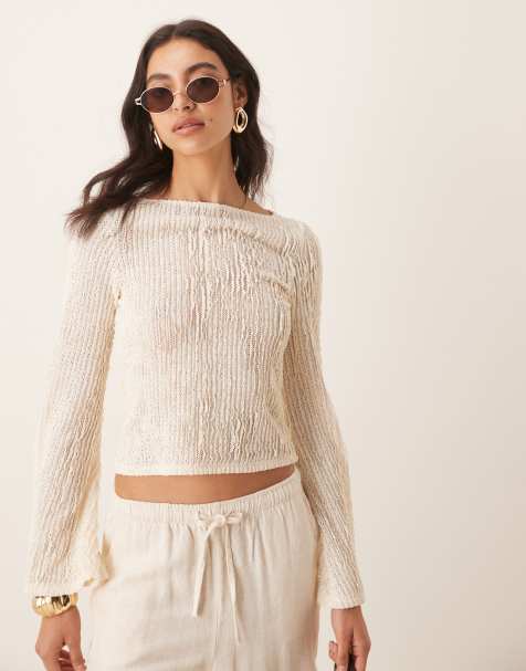 ASOS DESIGN textured slash neck flare sleeve top in white - WHITE - view 1
