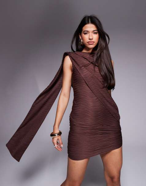 ASOS DESIGN textured slash neck mini dress with draped sash detail in chocolate - view 1
