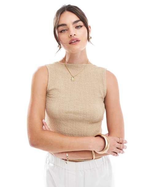 ASOS DESIGN textured slash neck top with back detail in brown - view 1