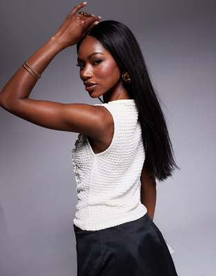 ASOS DESIGN textured slash neck top with gathered ruffle detail in ivory