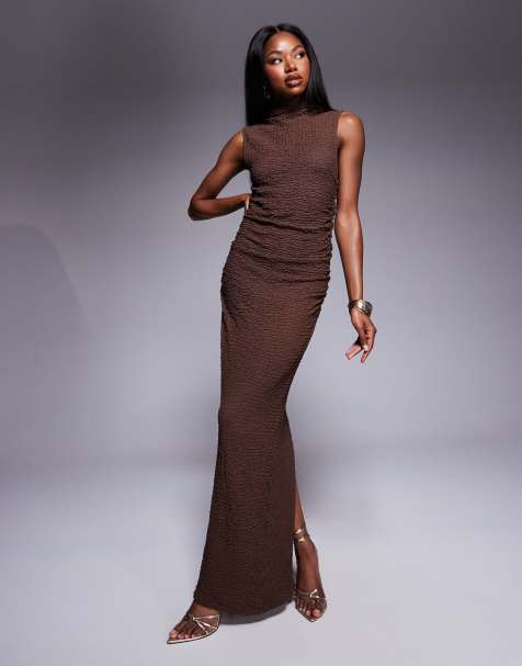 ASOS DESIGN textured sleeveless column maxi dress in brown - view 1