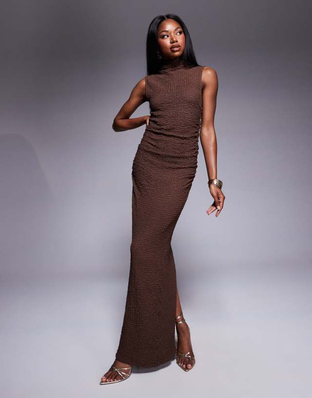 brown column dress ASOS DESIGN textured sleeveless maxi in Size:UK 22/US 18/EU 50 details:jacquard Cadaques Wedding Dress Shops in May be worn with