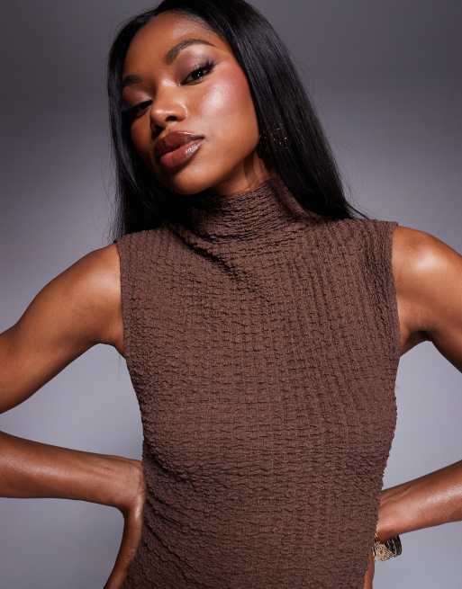 ASOS DESIGN textured sleeveless column maxi dress in brown, 3 of 4