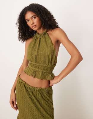 Asos Design Textured Sleeveless Halter Neck Top With Open Back In Green