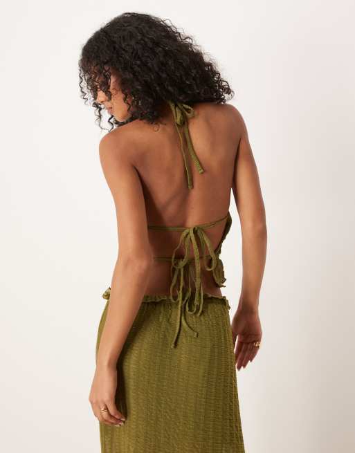 ASOS DESIGN textured sleeveless halter neck top with open back in green - part of a set, 3 of 4