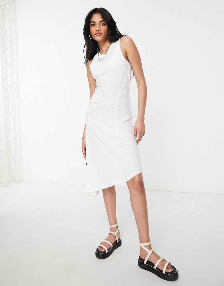ASOS DESIGN textured sleeveless seam detail midi dress in ivory-White