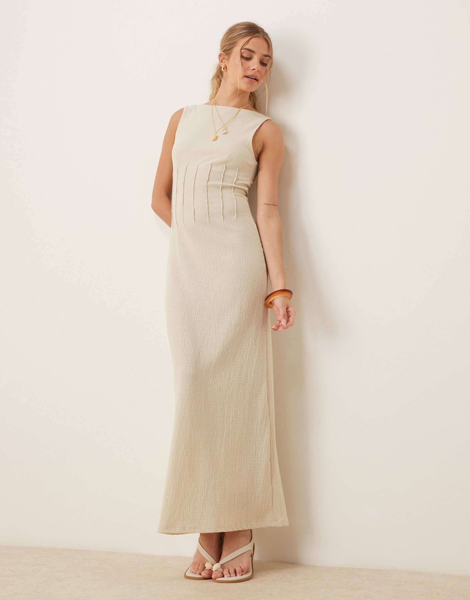 asos design textured sleeveless slash neck corset detail midi dress in neutral