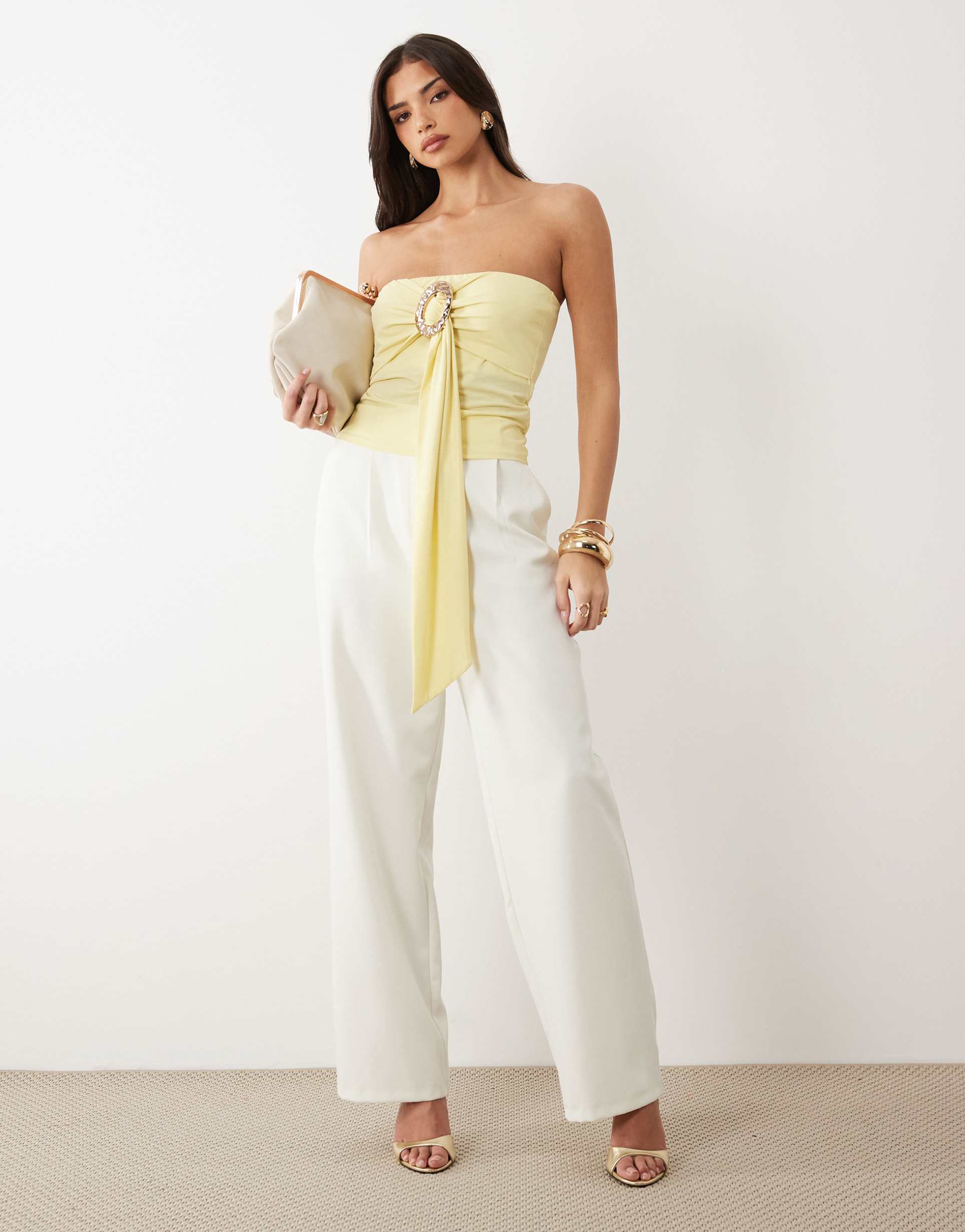 asos design textured slinky bandeau top with hardware in yellow