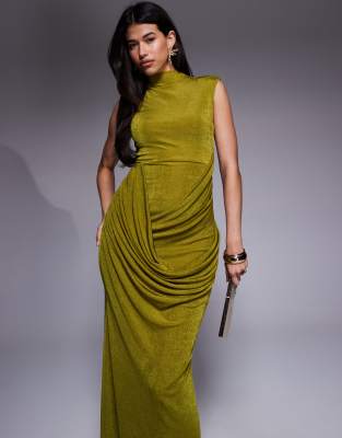 Asos Design Textured Slinky Capped Sleeve Maxi Dress With Drape In Green