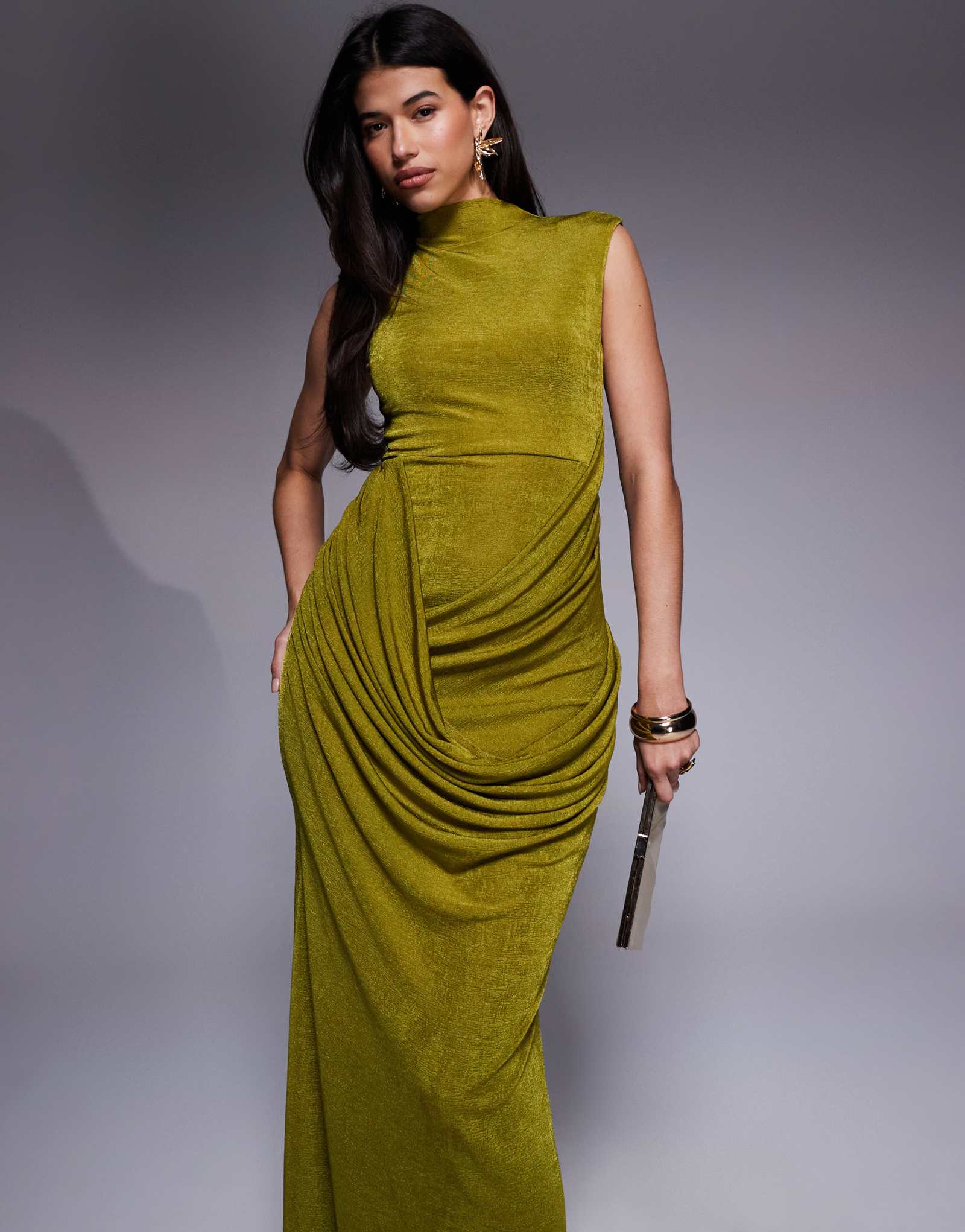 Дизайнерское текстурированное облегающее платье макси с укороченным рукавом и драпировкой цвета лайма от ASOS DESIGN