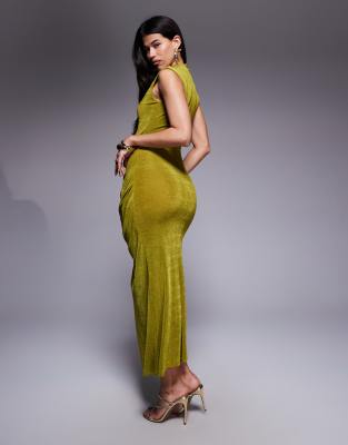 Asos Design Textured Slinky Capped Sleeve Maxi Dress With Drape In Green