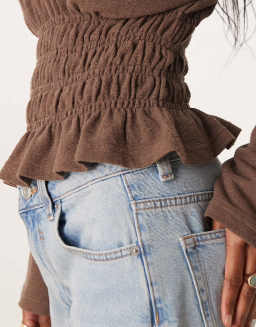 ASOS DESIGN textured slubby shirred waist long sleeve tee in coffee