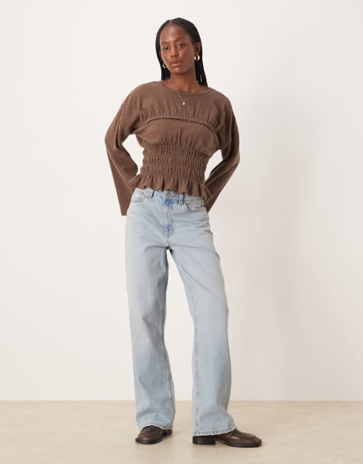 ASOS DESIGN textured slubby shirred waist long sleeve tee in coffee