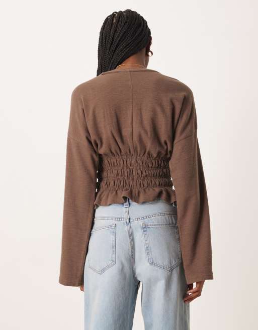 ASOS DESIGN textured slubby shirred waist long sleeve tee in coffee