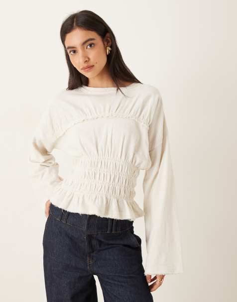 ASOS DESIGN textured slubby shirred waist long sleeve tee in cream - view 1