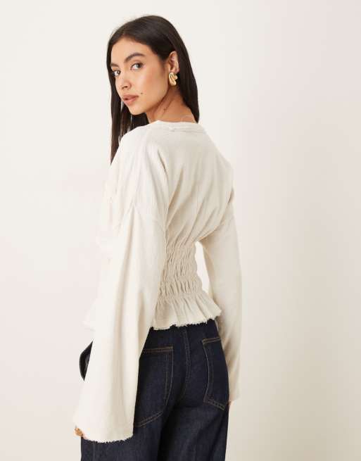 ASOS DESIGN textured slubby shirred waist long sleeve tee in cream, 3 of 4