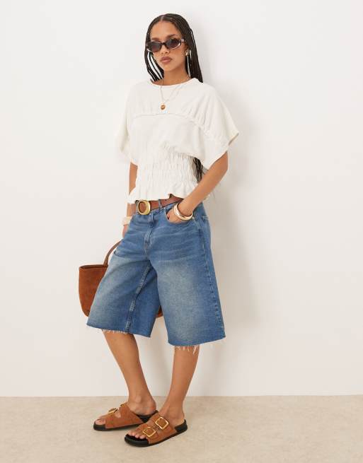 ASOS DESIGN textured slubby shirred waist tee in cream