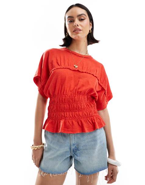 ASOS DESIGN textured slubby shirred waist tee in red - view 1