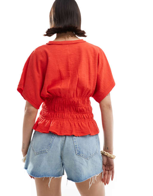ASOS DESIGN textured slubby shirred waist tee in red
