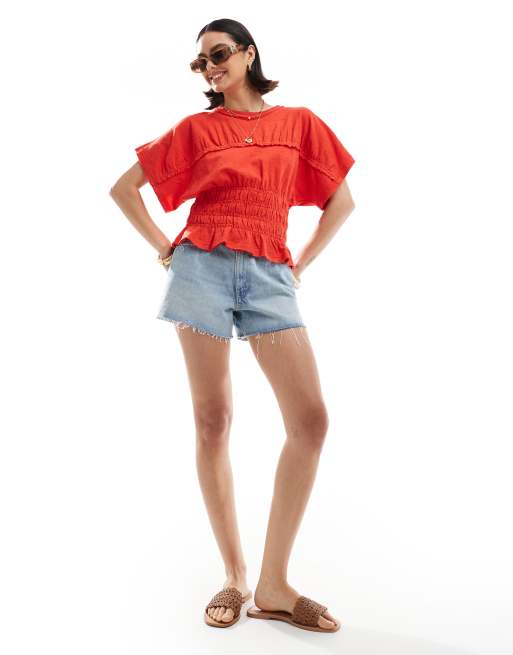 ASOS DESIGN textured slubby shirred waist tee in red