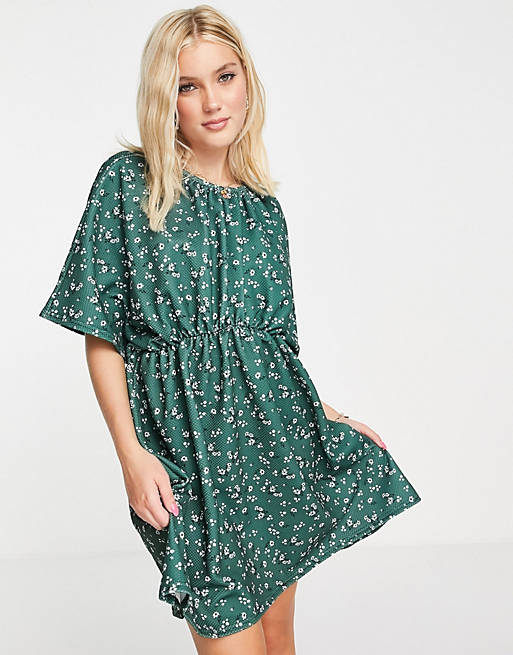 ASOS DESIGN textured smock dress with gathered neck and waist seam in green floral
