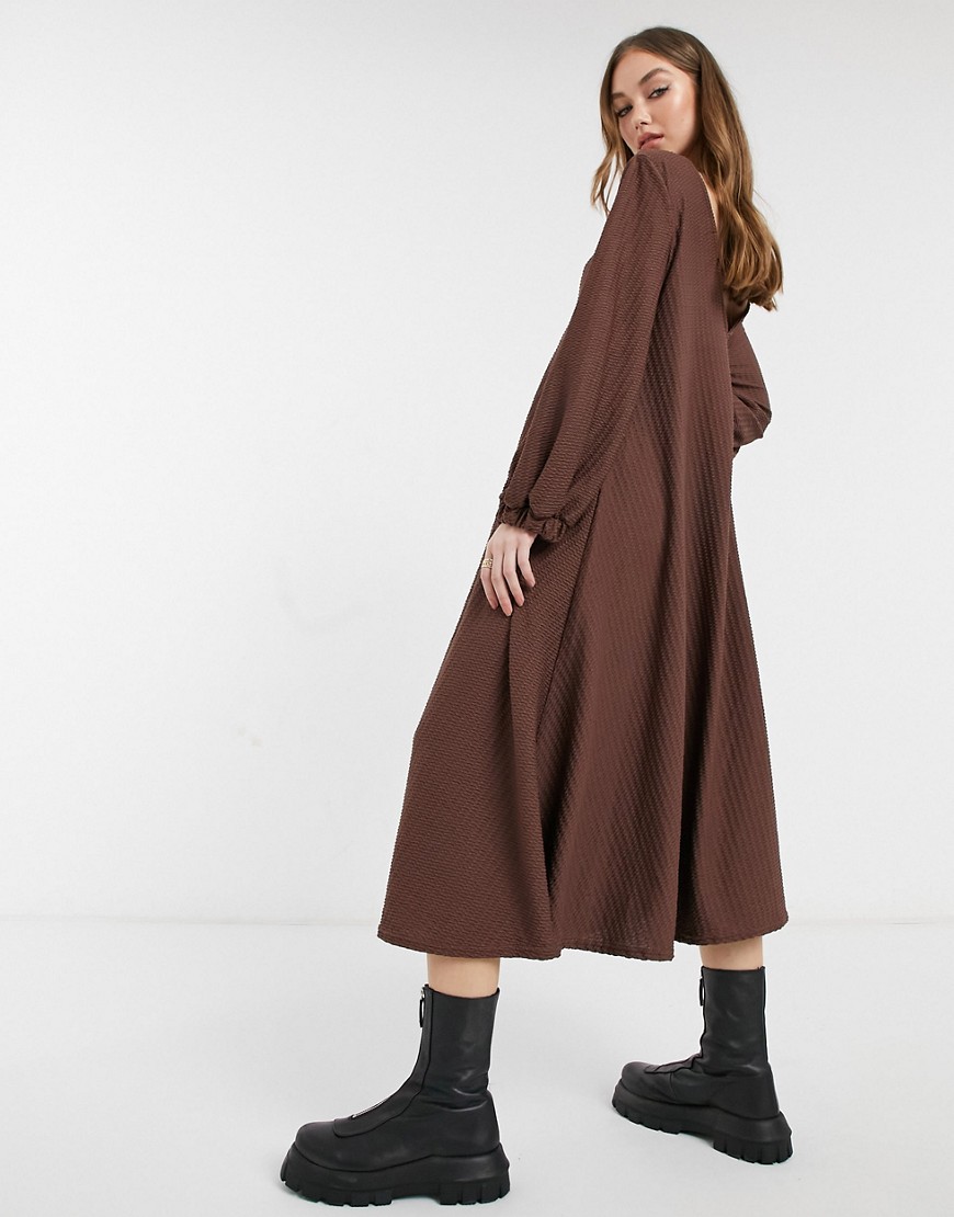 ASOS DESIGN textured smock midi dress with V-neck in chocolate brown