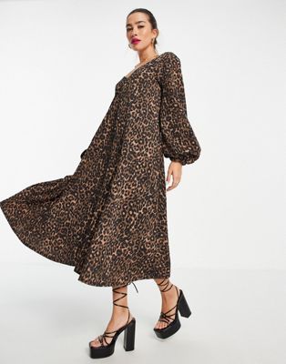 ASOS DESIGN textured smock midi dress with v neck in leopard print