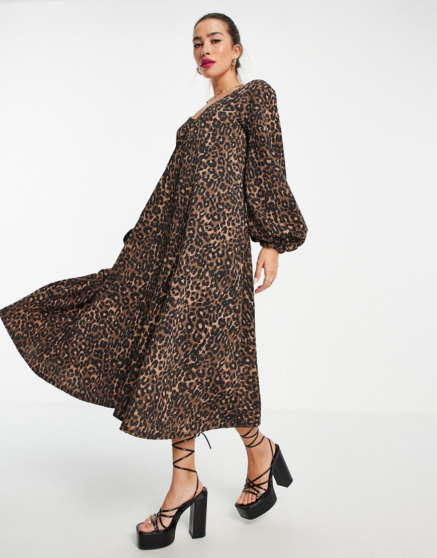Asos Design Textured Smock Midi Dress With V Neck In Leopard Print-Multi
